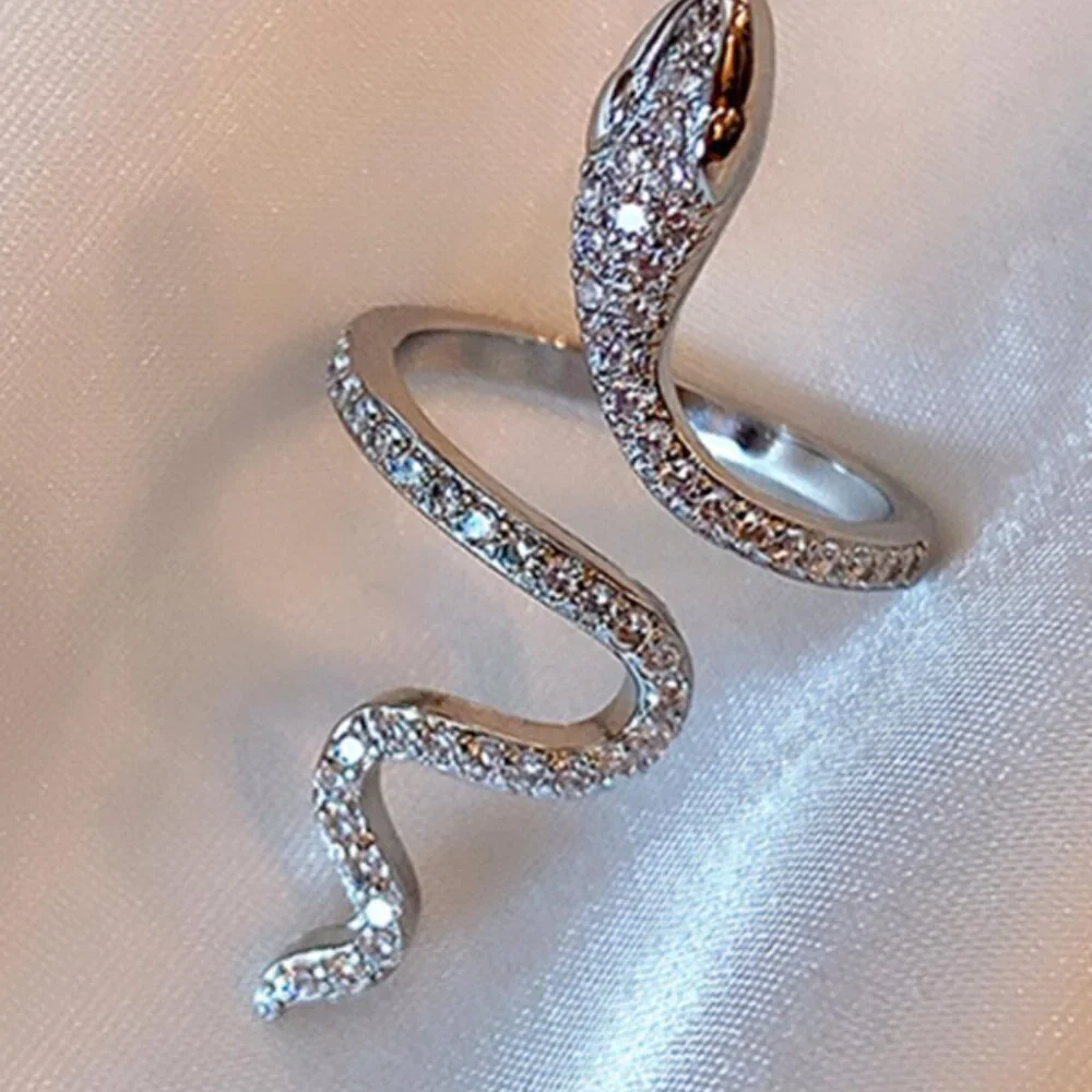 Snake Ring Silver with Rhinestones Adjustable One Size